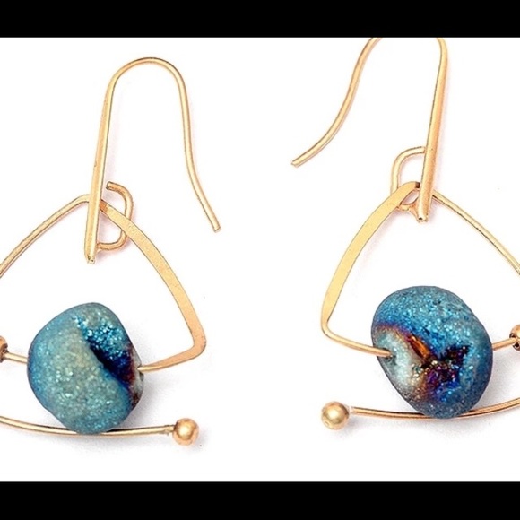 NWB Unique Gold and Blue Druzy Nugget Earrings - Picture 7 of 12